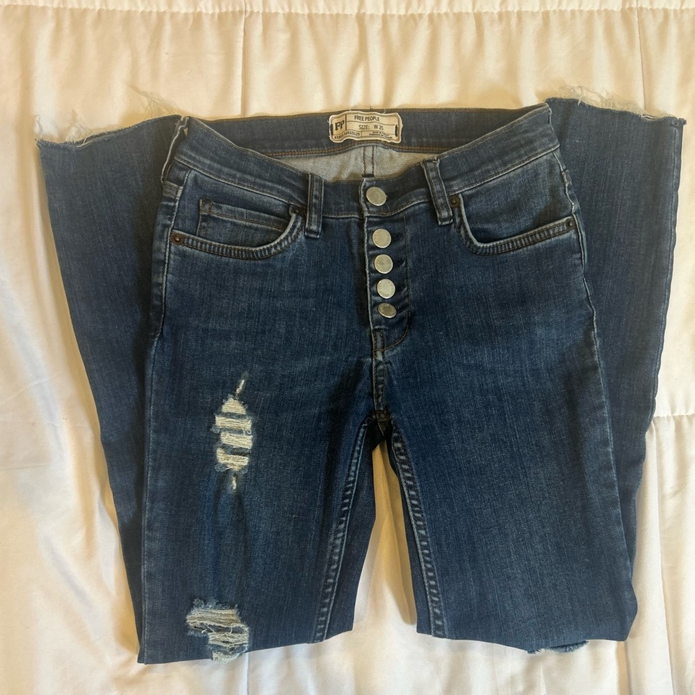 Free People High Rise Distressed Button Fly Jeans 25